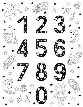 Numbers for kids in Scandinavian style. Poster with space doodles and letters. Vector illustration.のイラスト素材