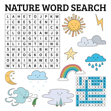 Learn English with a nature word search game for kids. Vector illustration.のイラスト素材