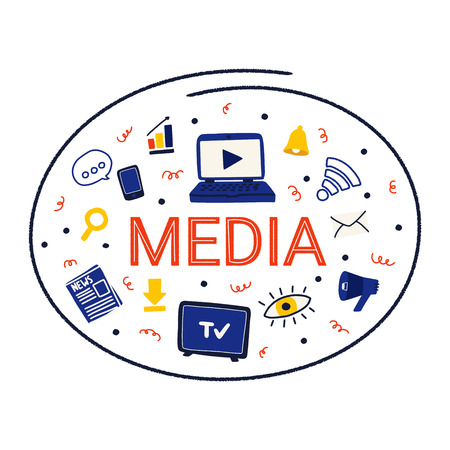 Different media symbols in a circle.  Hand drawn style vector illustration.のイラスト素材