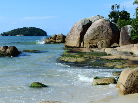 A archipelago of beauty, big rock with a island on backgroundの写真素材