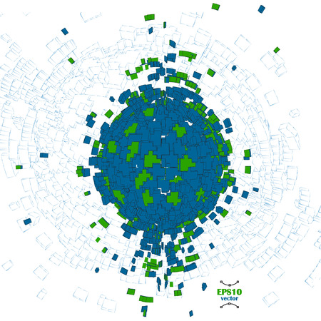 Abstract blue and green 3d sphere vector illustration. . Globe explosion. Earth day.  Big data concept.  Creation of the world. Pixel. blocks, bricks planet structure. green planet idea.のイラスト素材