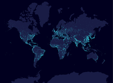 Earth at night world map, earth day concept, world population biggest cities. Glow infografic elements. Urbanization and globalisation idea. aqua neon luminanse. Hud elementsのイラスト素材
