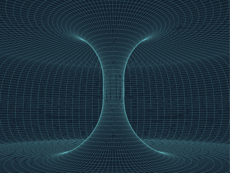 Digital surface grid. Abstract cyber space funnel. 3d tube pipe corridor. Gravitational waves consept. Connection beetwen two worlds. Spatial  extension distortion.のイラスト素材