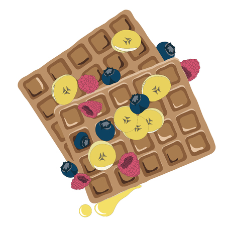 Caramel sauce flowing over a waffle with blueberyy, banana and raspberry. Hand drawn healthy snack illustrationのイラスト素材