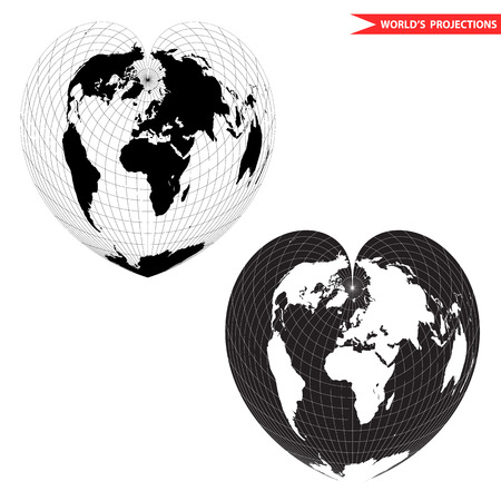 Black and white heart-shaped planet illustration. Bonne pseudoconical equal area world map projection. Heart shape world map.のイラスト素材