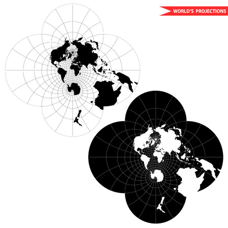 stereographic world map projection. Black and white world map illustration.のイラスト素材