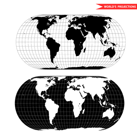 Becker world map projection. Black and white world map illustration.のイラスト素材