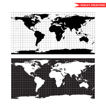 Equirectangular world map projection. Black and white world map illustration.のイラスト素材