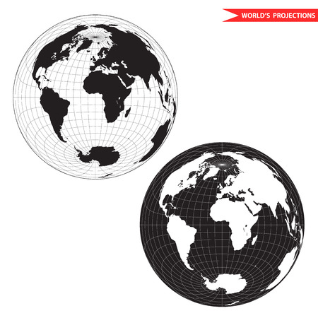Lambert azimuthal equal-area world map projection. Black and white world map illustration.のイラスト素材