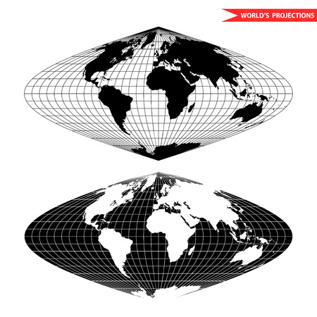 The sinusoidal  pseudocylindrical equal-area world map projection. Black and white world map illustration.のイラスト素材