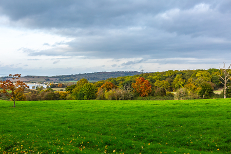 Picturesque landscape of green rural field with autumnal trees under gloomy sky, Oxford, United Kingdomの写真素材