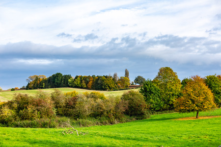 Countryside green field with autumnal trees on background of gloomy sky, Oxford, United Kingdomの写真素材
