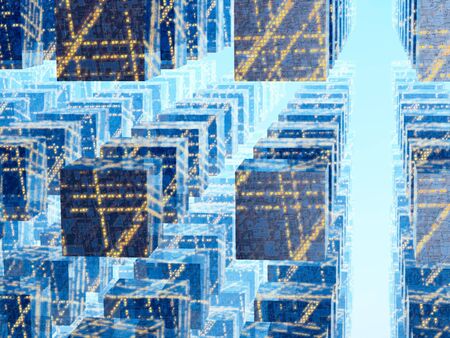 An abstract blue background of an electric city grid of cubes against a bright perspective light. Use for business, Science or Technology Background.の写真素材