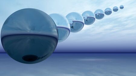 A design frame of a row of metallic globes on a cool blue horizon background.