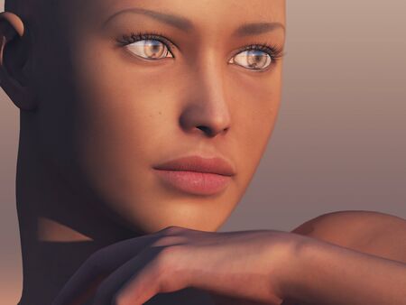 A close up of a digital woman face admiring a late sunset.の写真素材
