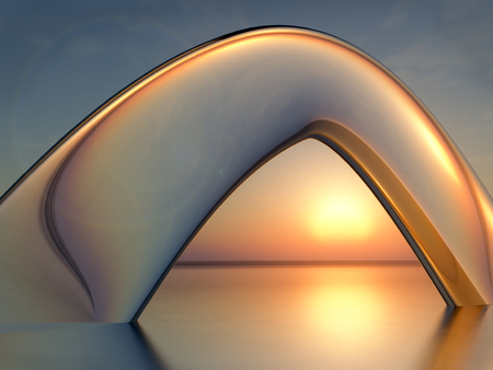 An abstract background glass arch in sea over sunset, 3d illustration.の写真素材