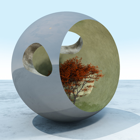 A fall maple tree in a surreal cement art sculpture sphere, 3d Illustration.の写真素材