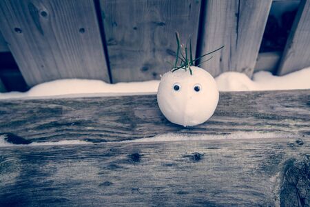 The snowball-sized snowman looks with surprise as it sits on a wood deck in front of a wood fence. The style is timeless and vintage.の写真素材