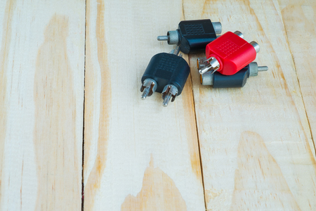 RCA Jack for audio system on woodenの写真素材
