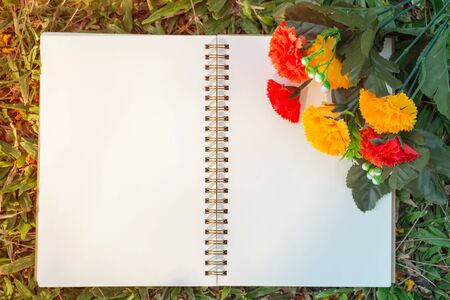 Notebook and flower on lawn, Notebook for planningの写真素材