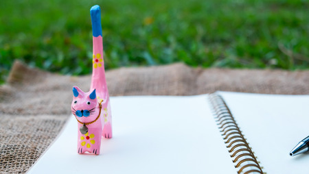 The cat is standing on notebook, diary planing, memory of lifeの写真素材