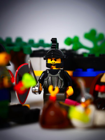 RIGA, LATVIA; March 15, 2021: lego minifigure with the set of city lego in Riga. Legos are a popular line of plastic construction toys manufactured by The Lego Group in Denmarkのeditorial素材