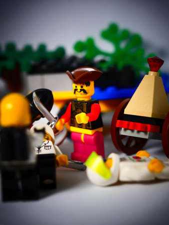 RIGA, LATVIA; March 15, 2021: lego minifigure with the set of city lego in Riga. Legos are a popular line of plastic construction toys manufactured by The Lego Group in Denmarkのeditorial素材