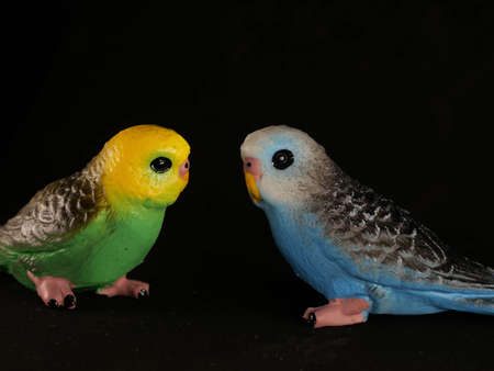 Toy figurines of owl and parrots different shapes and sizesの写真素材