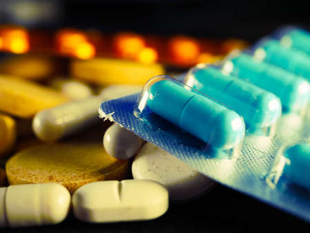 pharmaceuticals antibiotics pills medicine colorful antibacterials pills on white background capsule pill medicineの写真素材