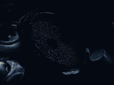 Grayscale photo of buttons. Collection of assorted spare clothes buttons. Macro. DOFの写真素材