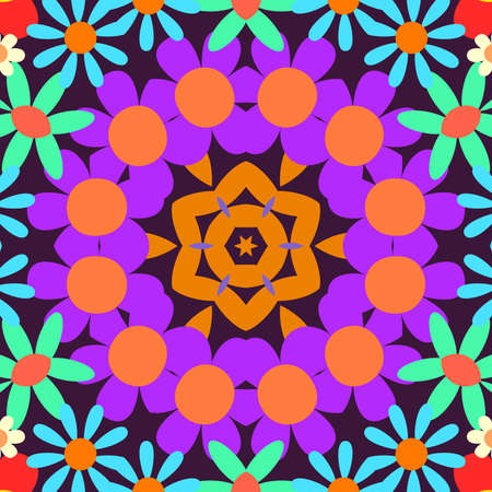 Abstract Colorful Flowers Flora Concept Symmetric Pattern Ornamental Decorative Kaleidoscope Movement Geometric Circle and Star Shapesの写真素材