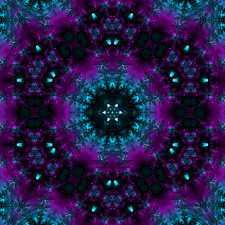 Seamless pattern with symmetrical ornament in blue and purple colors. Computer generated graphics.
