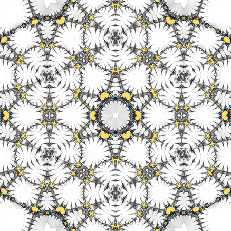Symmetrical pattern in the form of snowflakes. Blue, purple and black palette. Computer generated graphics.の写真素材