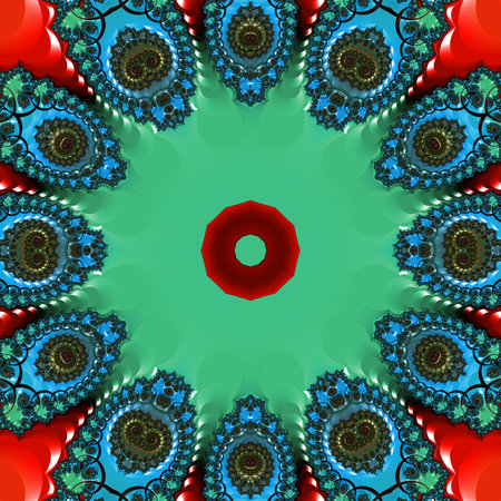 Symmetrical pattern in the form of snowflakes. Blue, purple and black palette. Computer generated graphics.の写真素材