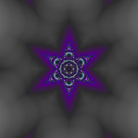 Symmetrical pattern in the form of snowflakes. Blue, purple and black palette. Computer generated graphics.の写真素材