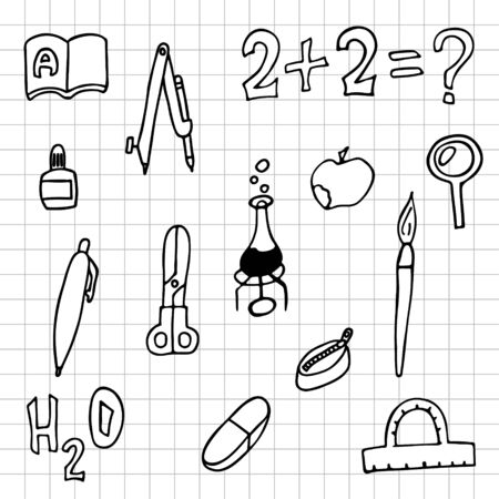 set of school things checkered sheet. doodle outline stock vector illustrationのイラスト素材