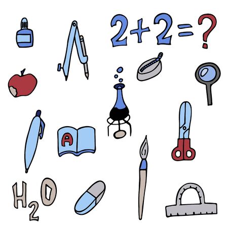 set of school things. isolated doodle outline stock cartoon vector illustrationのイラスト素材