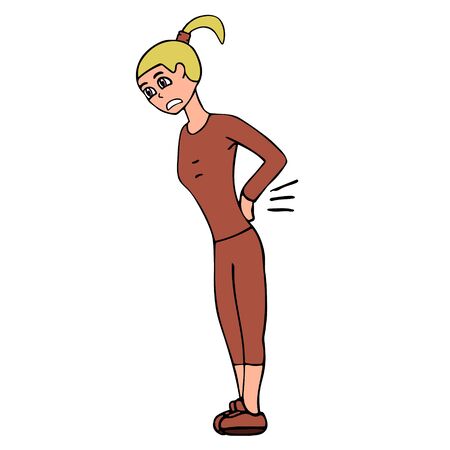 Cartoon young white woman with a sore back in a tracksuit. White background isolated stock vector illustrationのイラスト素材