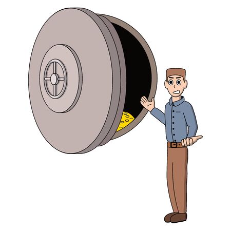 cartoon safe and a bank employee near him invites a client to put money on a deposit. white background isolated stock vector illustrationのイラスト素材