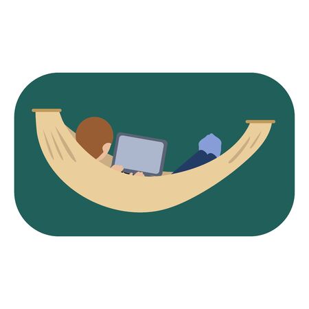 Man businessman sitting in hammock and working with his laptop computer. home is best place for work. isolated stock flat vector illustrationのイラスト素材