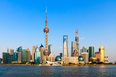 Shanghai Pudong district riverside with skyscrapers