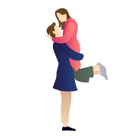a happy man carrying and embracing woman. couple cartoon characters. romantic couple relationship in flat vector illustration.のイラスト素材