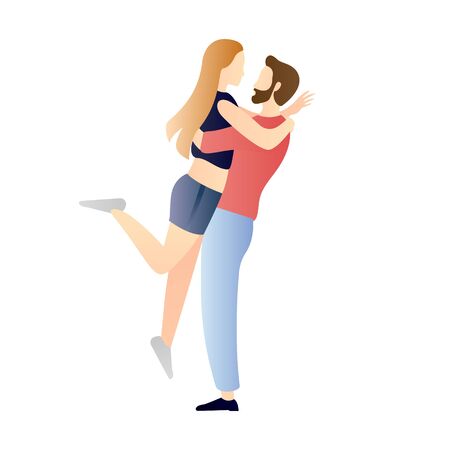 a happy man carrying and embracing woman. couple cartoon characters. romantic couple relationship in flat vector illustration.のイラスト素材