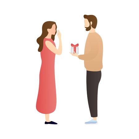 a happy man give a surprise to woman. couple cartoon characters. romantic couple relationship in flat vector illustration.のイラスト素材