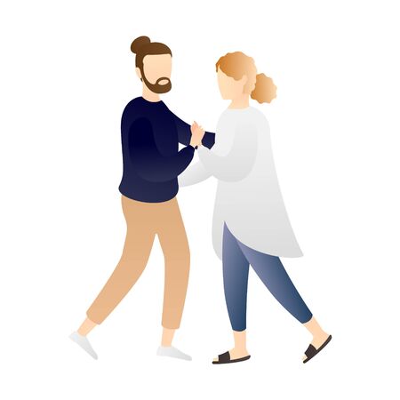 romantic couple dancing while holding hands. couple cartoon characters. romantic couple relationship in flat vector illustration.のイラスト素材