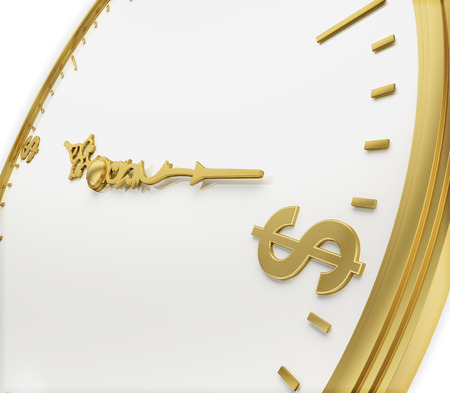 A realistic golden rendering of a clock with dollars as digits isolated on white.
