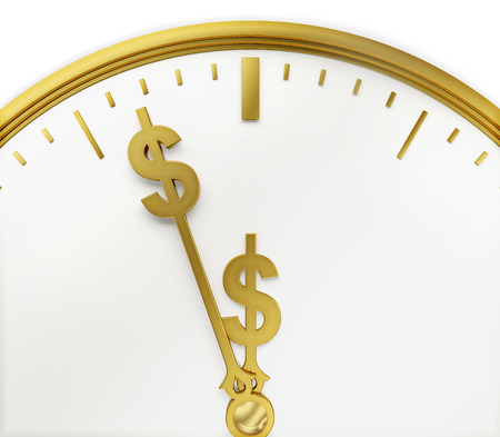 A realistic golden rendering of a clock with dollars as hands isolated on white.