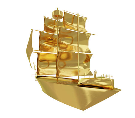 A photorealistic rendering of a golden ship isolated on white の写真素材
