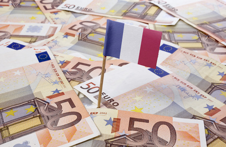 Flag of France sticking in european banknotes.(series)の写真素材