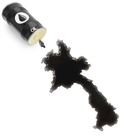 Barrel of oil and a glossy spill in the shape of Laos (series)の写真素材